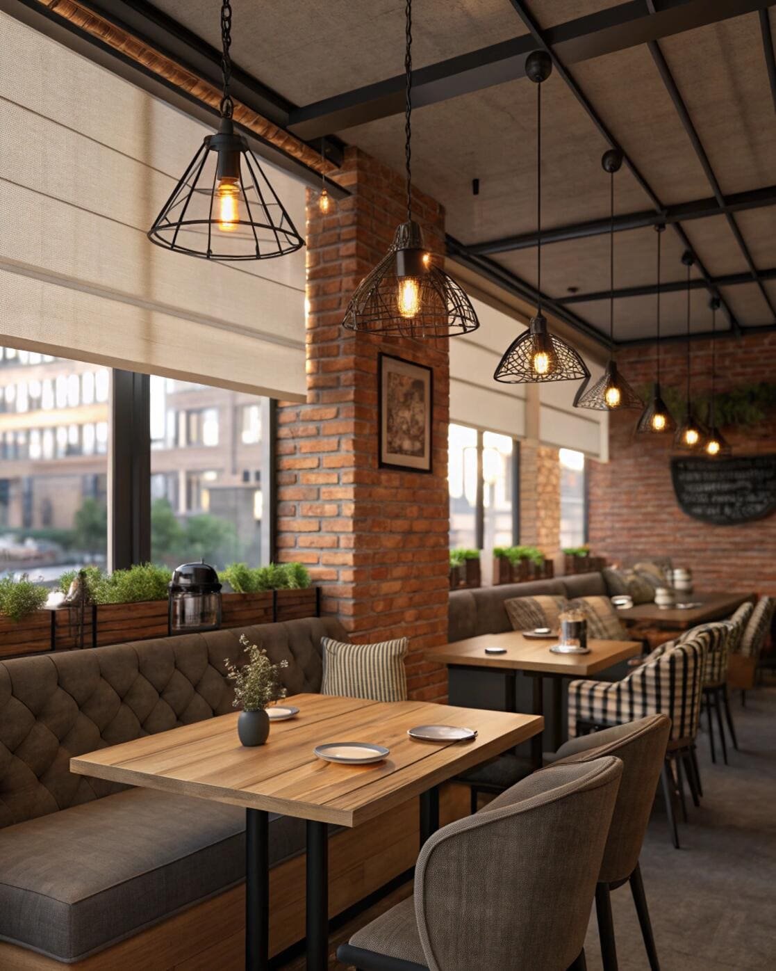 Loft-style cafe with roller blinds and brick walls