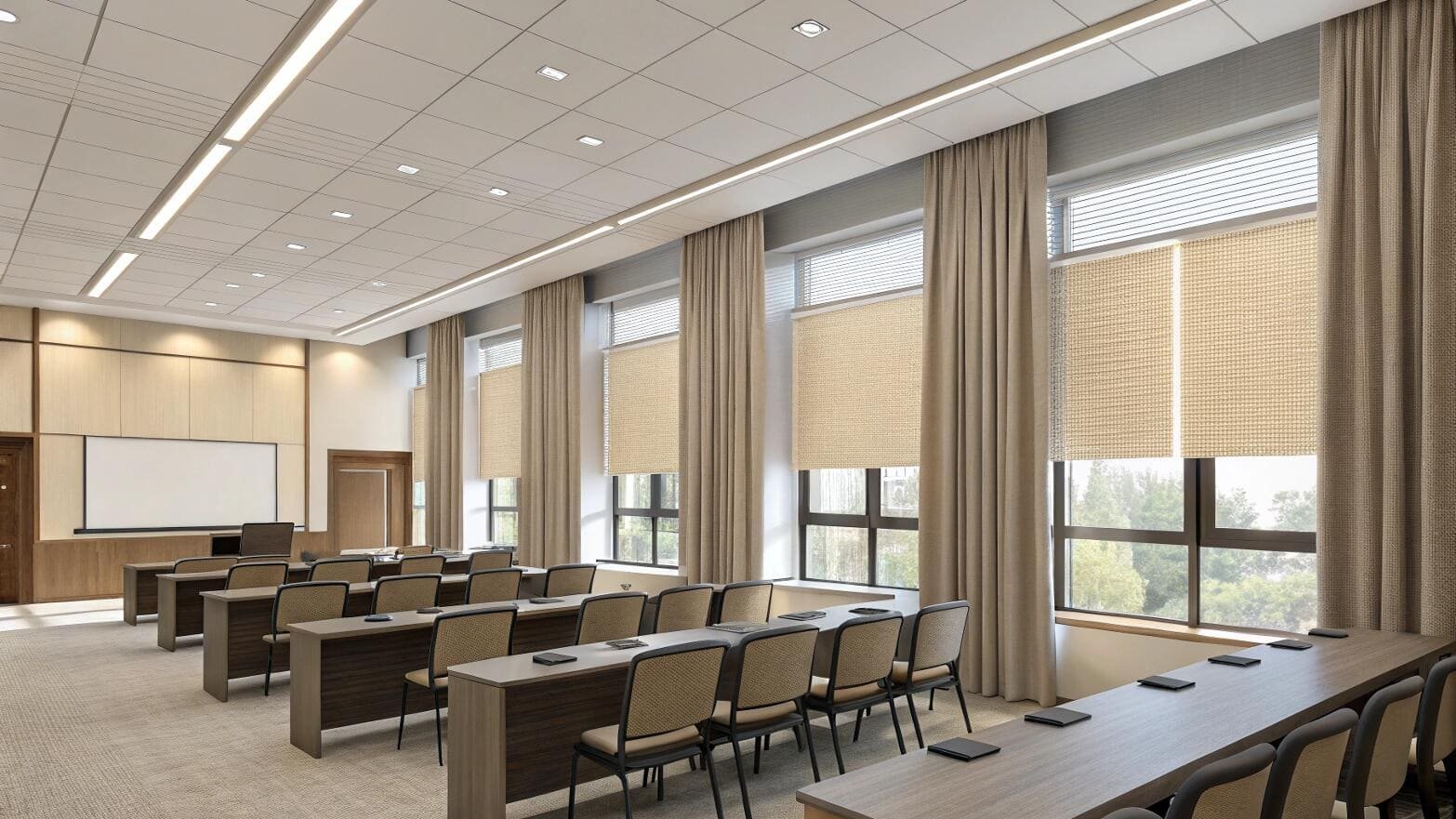 Conference classroom with textured roller blinds and curtains