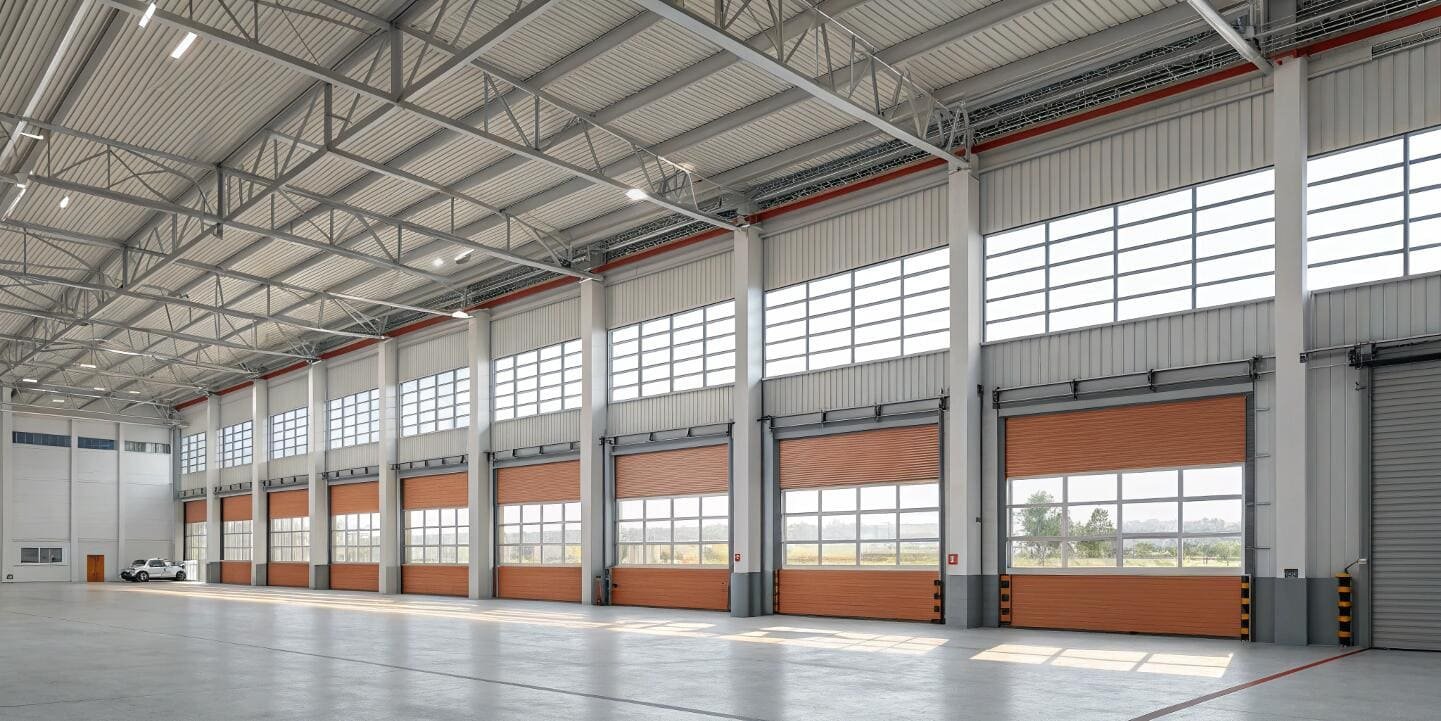 Large warehouse with orange roller shutters