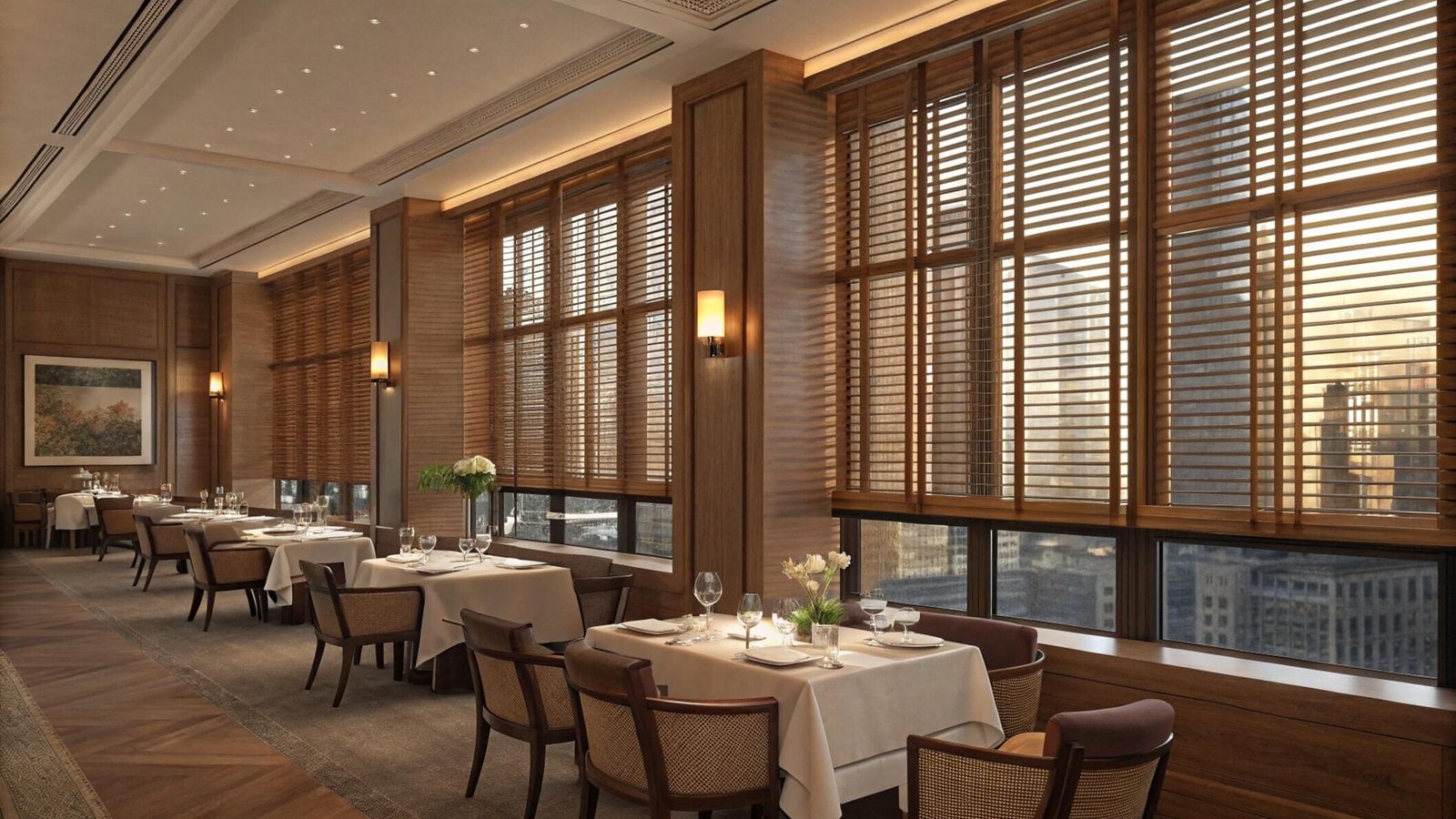 Restaurant space decorated with large wood Venetian blinds for sunlight control