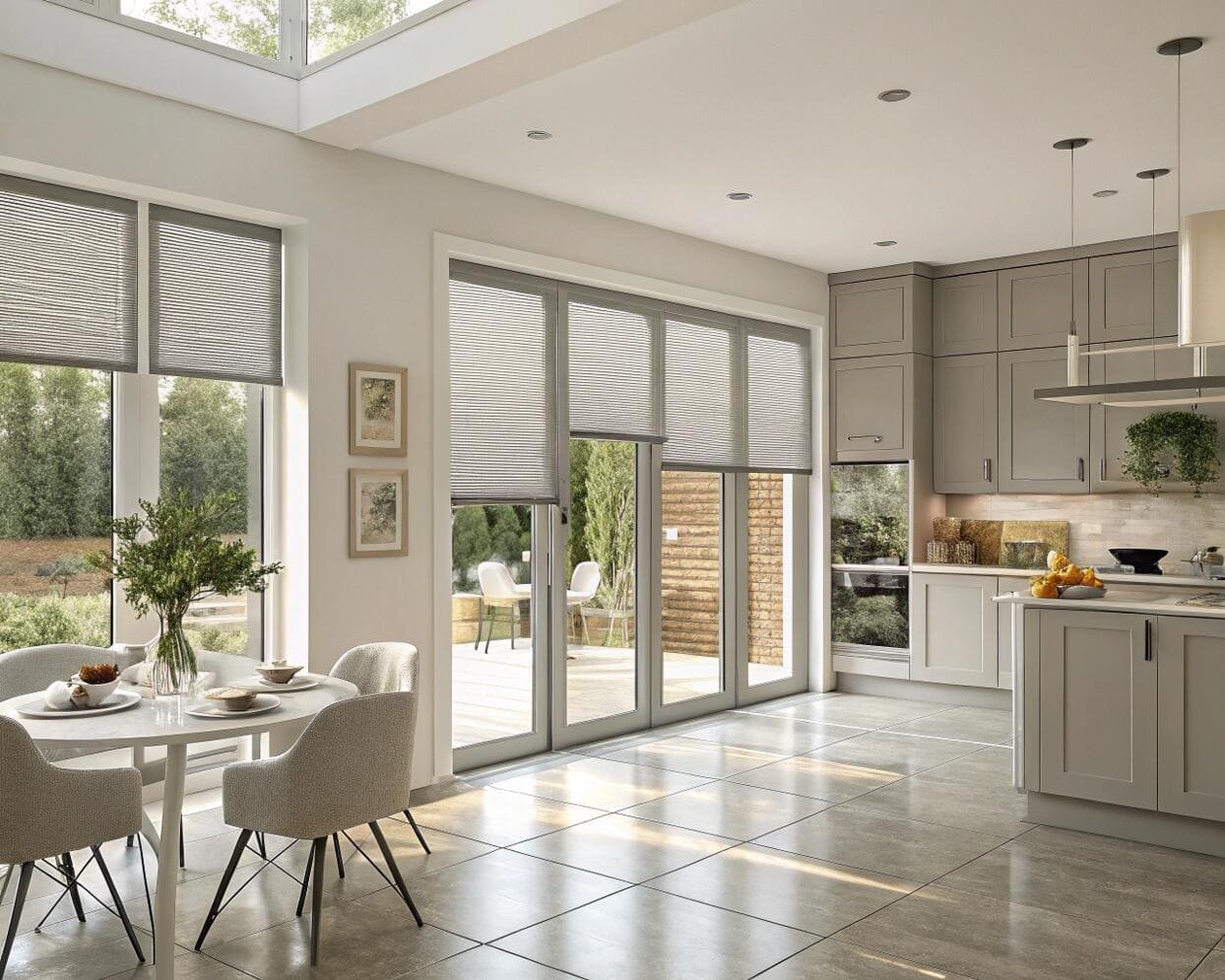 Kitchen dining area with grey cellular shades on patio doors