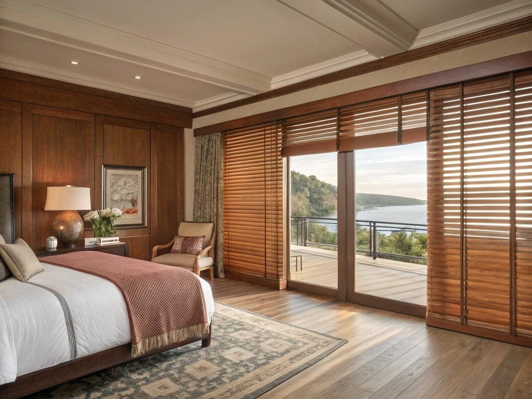 Bedroom with wooden blinds and expansive ocean view balcony doors