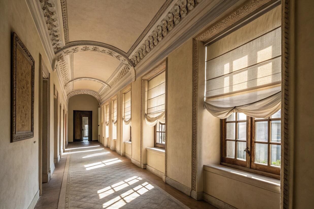 Long arched hallway with neutral roman shades filtering light