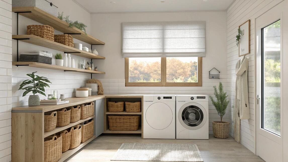 Modern laundry room with white roman shade and organized storage