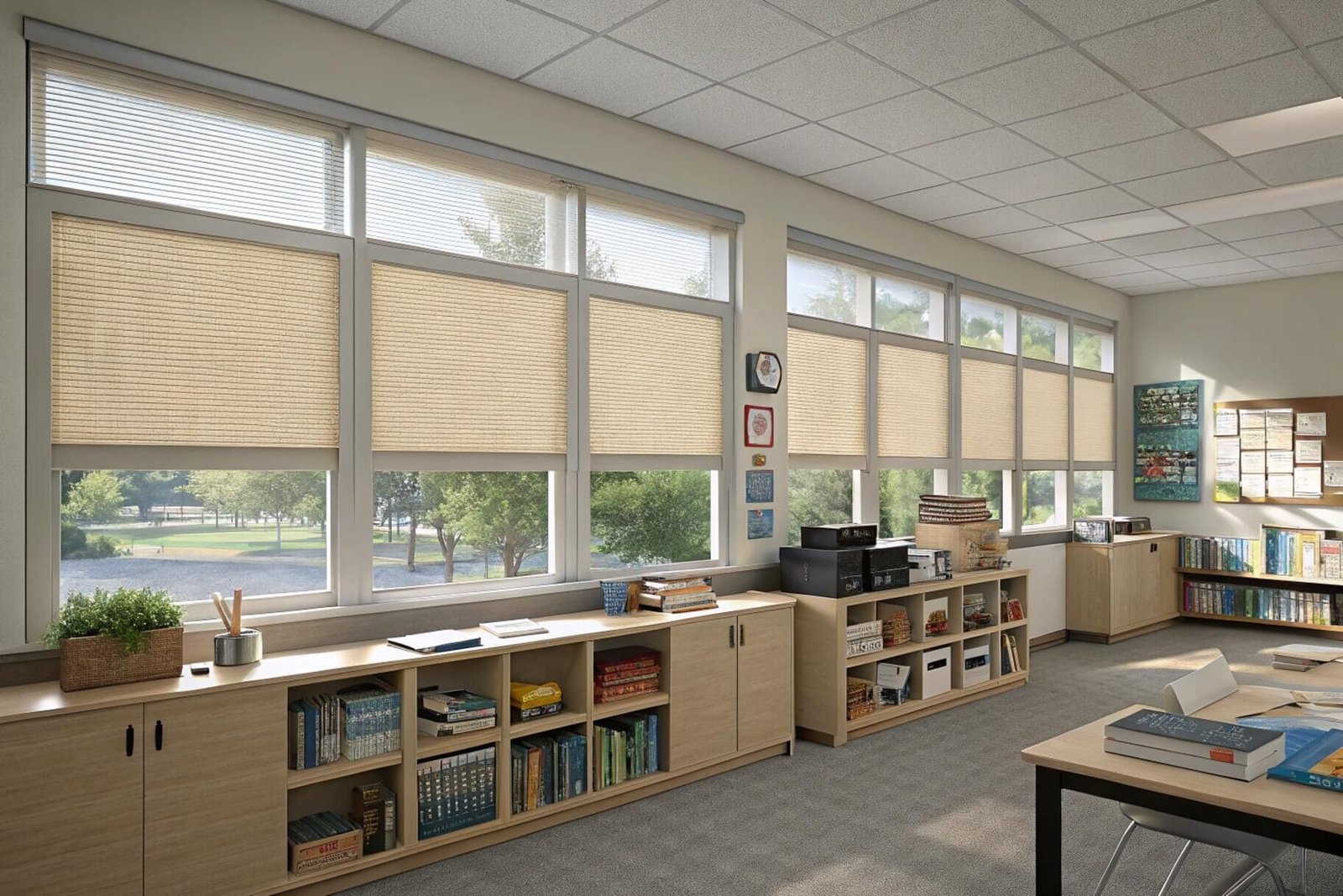 Modern classroom with beige cellular shades on large windows
