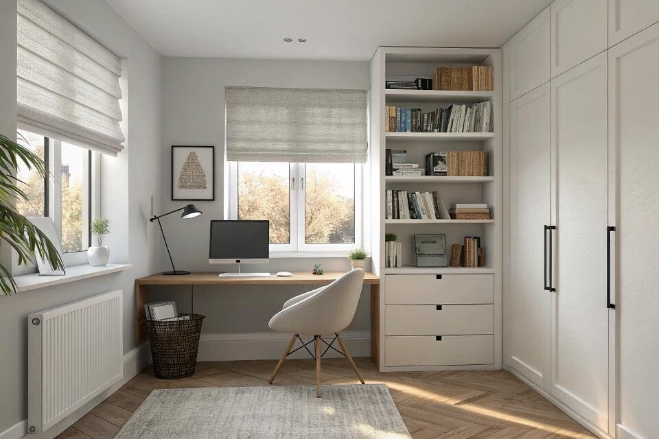 Home office with two windows, roman shades, and built-in storage