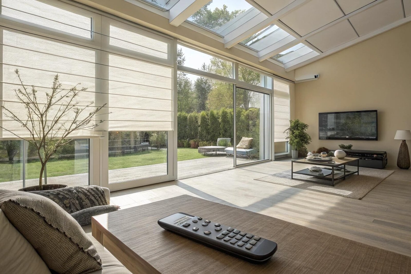 Bright sunroom with large windows, skylights, and light roman shades