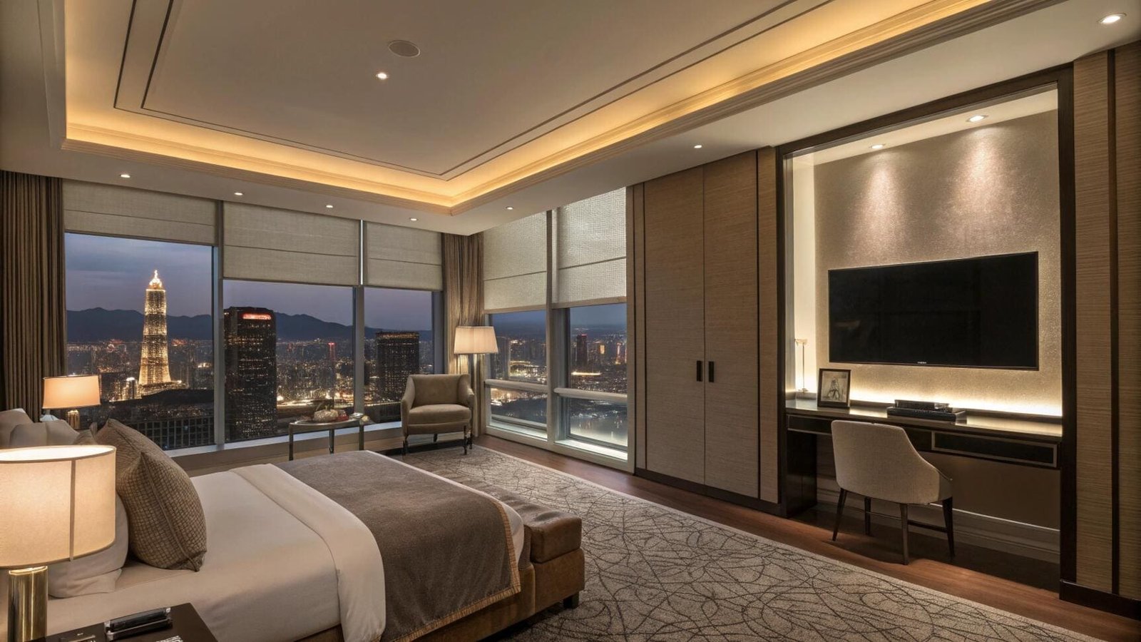 Luxury high-rise bedroom with city views and elegant roman shades