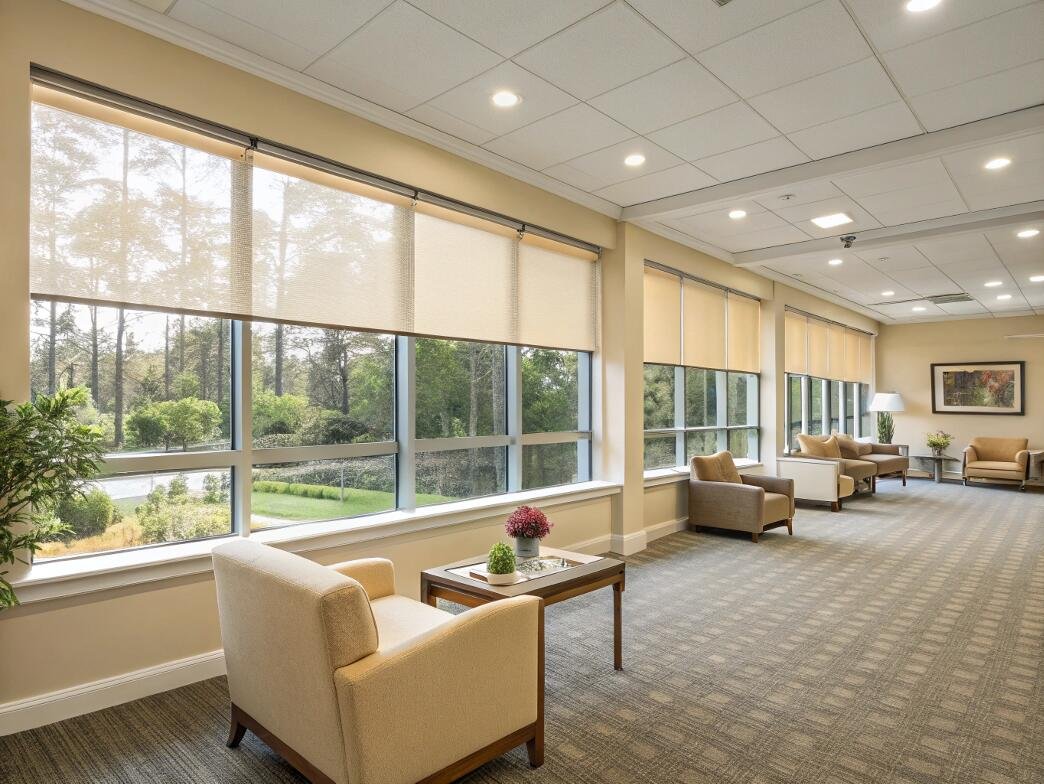 Spacious lounge with scenic view and energy-efficient roller shades