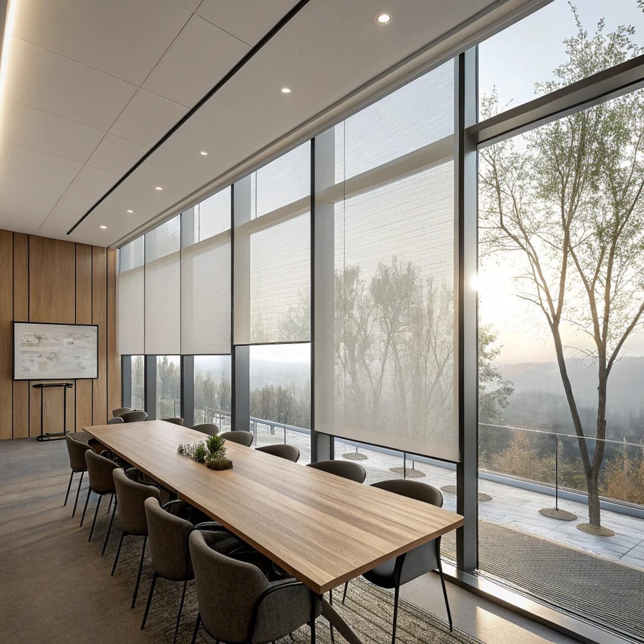 Conference room with motorized sheer roller blinds and skyline view
