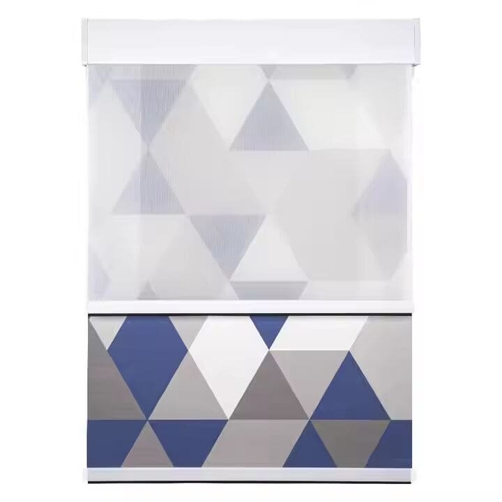 A day-and-night roller shade with a blue and grey geometric pattern blackout fabric.