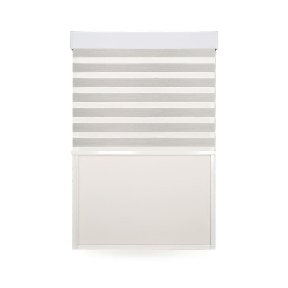 A dual-layer zebra roller shade with alternating sheer and light grey opaque stripes.