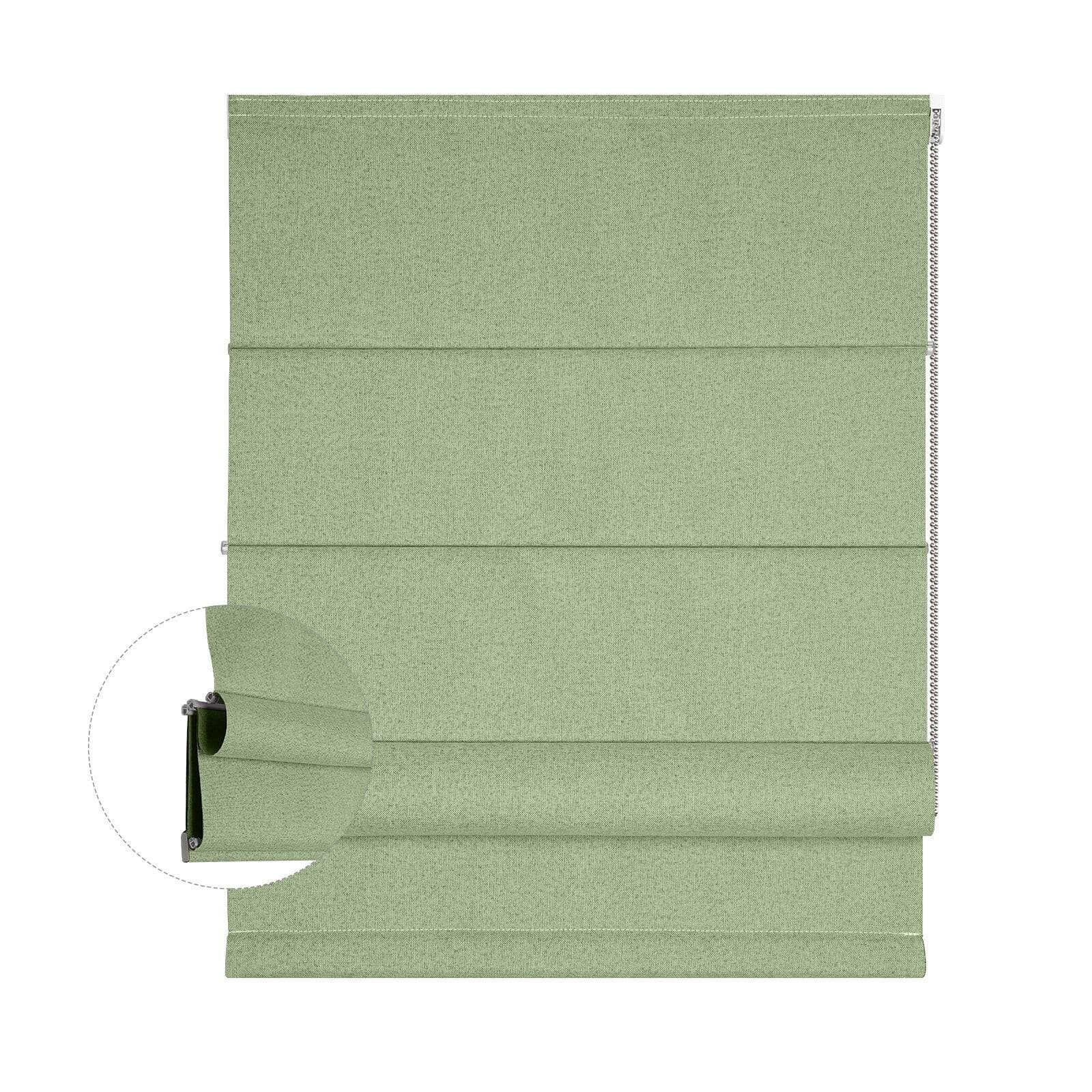 A light green fabric Roman shade with a close-up detail of its mechanism.