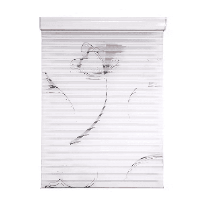 A semi-sheer combi blind featuring an elegant, artistic black and white floral pattern.