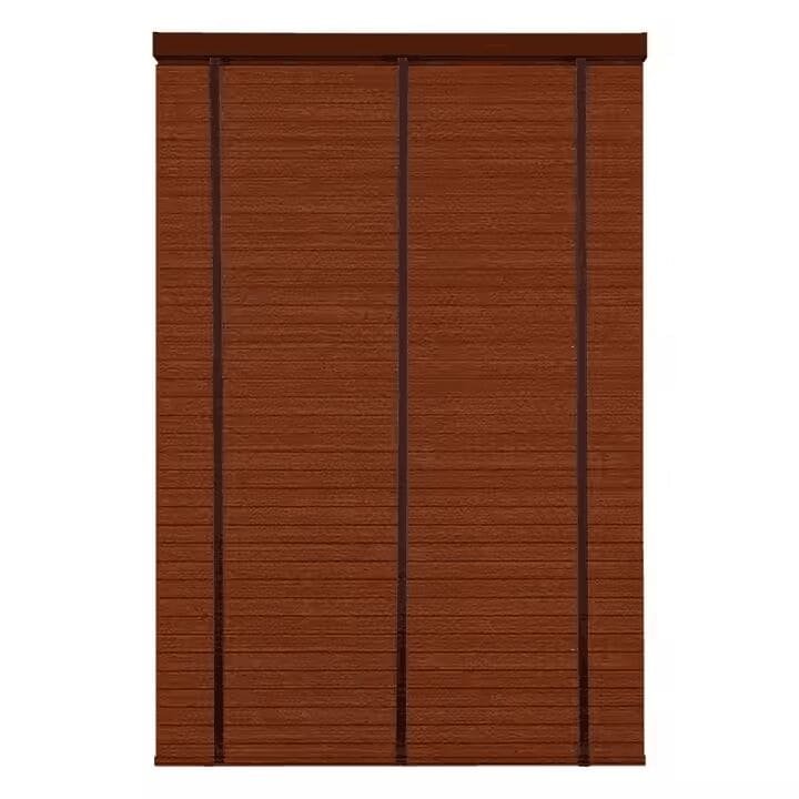 A-rich brown woven wood panel track blind for a wide window or patio door.