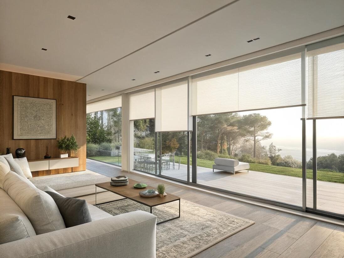 Minimalist living room with motorized roller shades for seamless integration and light control.