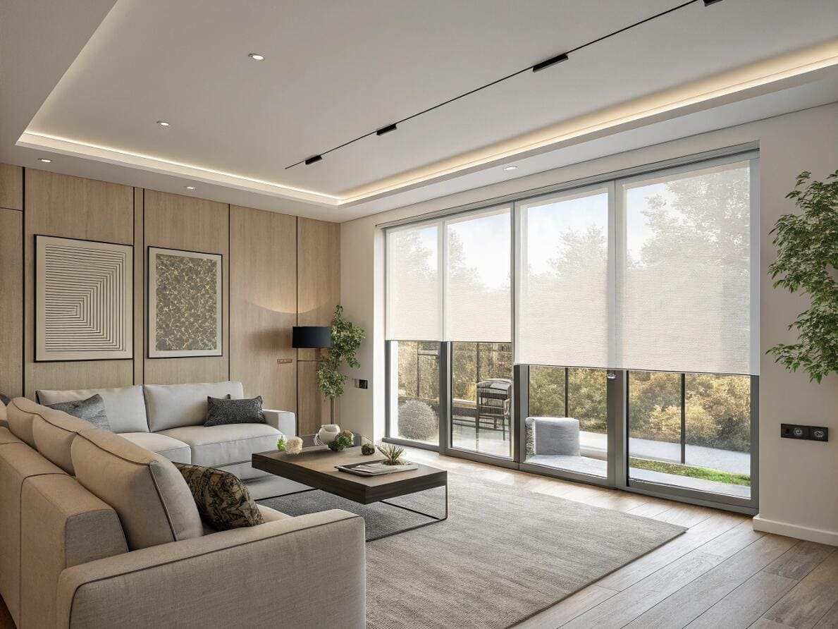 Contemporary living room with light-filtering roller shades enhancing the view of the outdoors.
