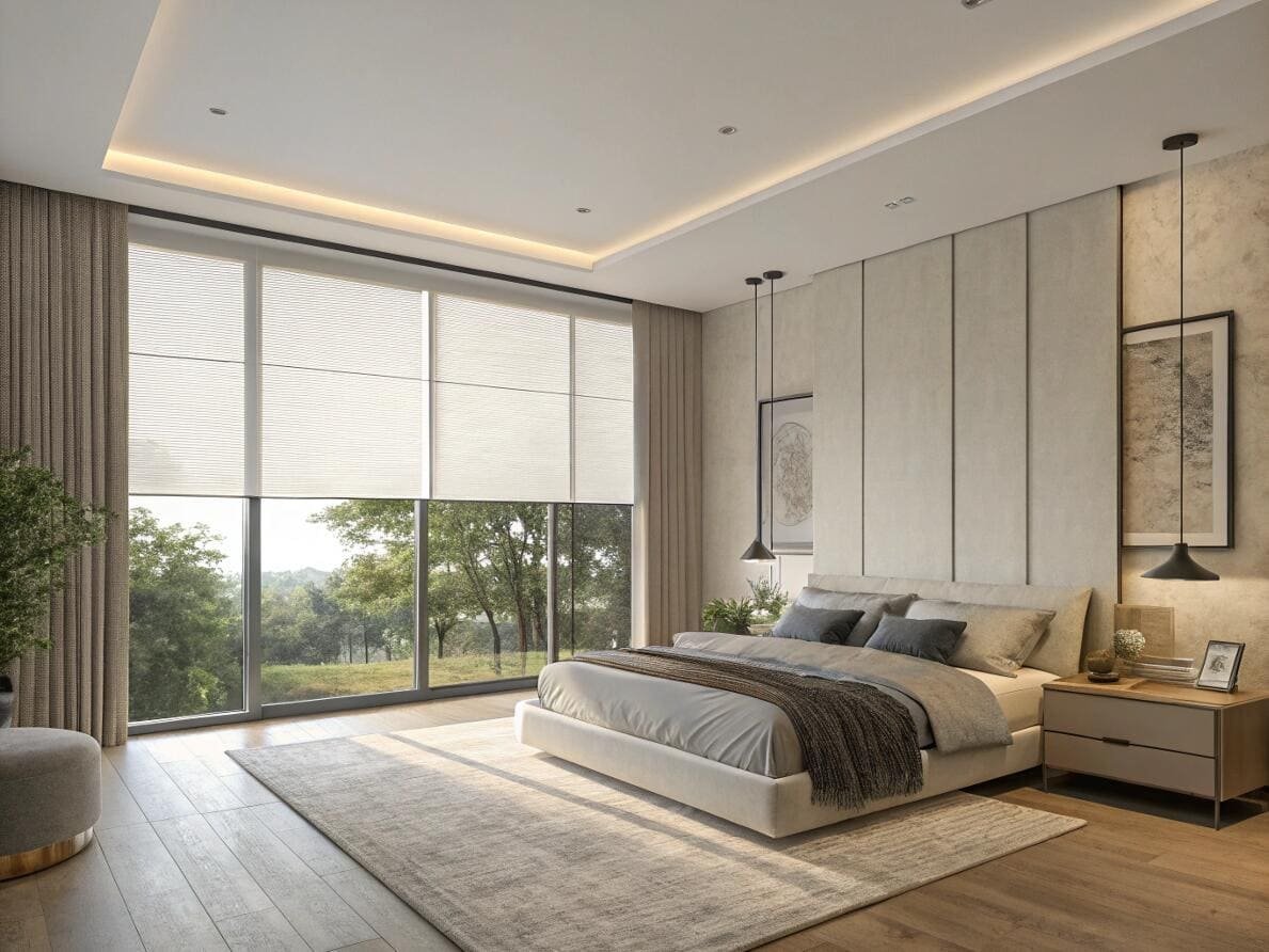 Luxurious, spacious bedroom featuring [energy-efficient cellular shades](https://www.energy.gov/eere/buildings/articles/interior-cellular-shades-boost-home-energy-performance)[^4] for optimal thermal insulation and light.