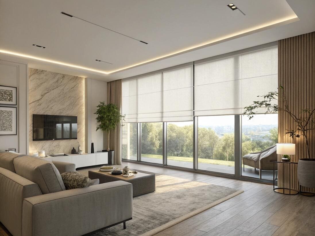 Luxury living room with custom roman shades on large windows for elegant light control.