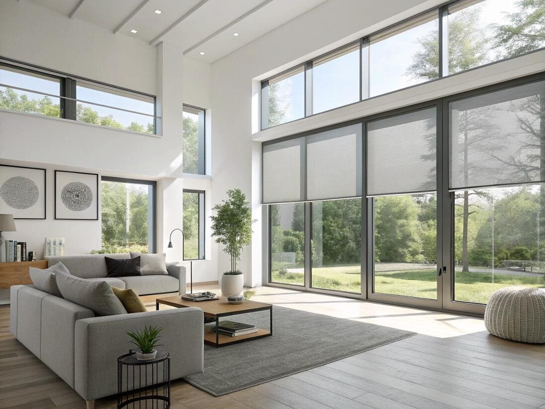 Modern two-story living room with motorized solar shades for large, expansive windows.