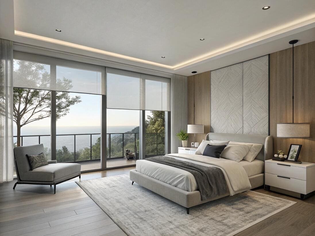 Modern bedroom with smart roller shades offering stunning ocean views from a balcony.