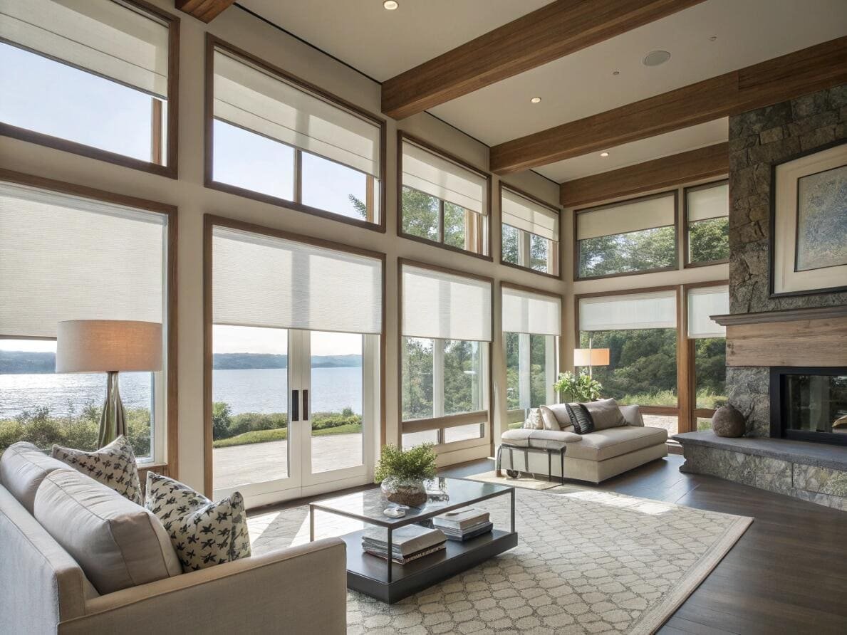 Lakeside living room with motorized roller shades for floor-to-ceiling windows and views.
