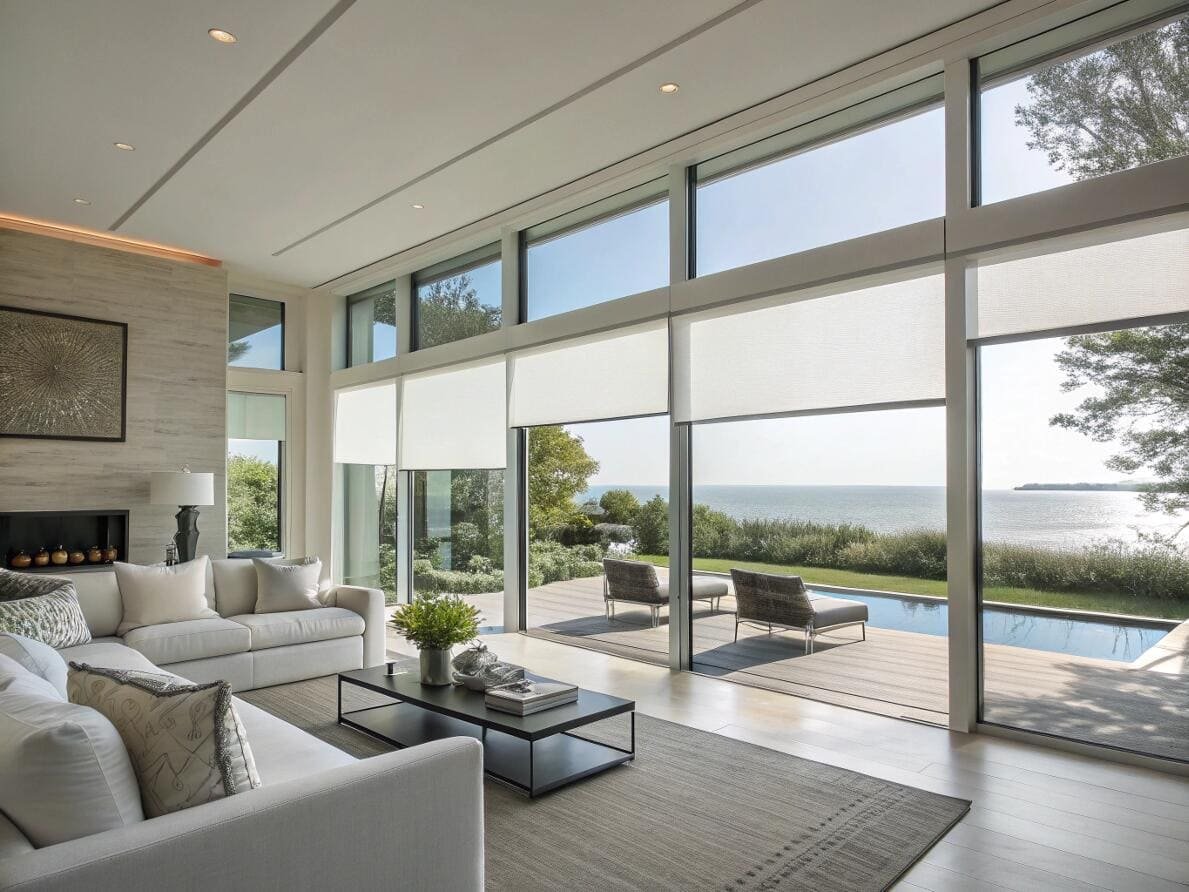 Luxurious modern living room with motorized white roller shades framing a spectacular ocean view.