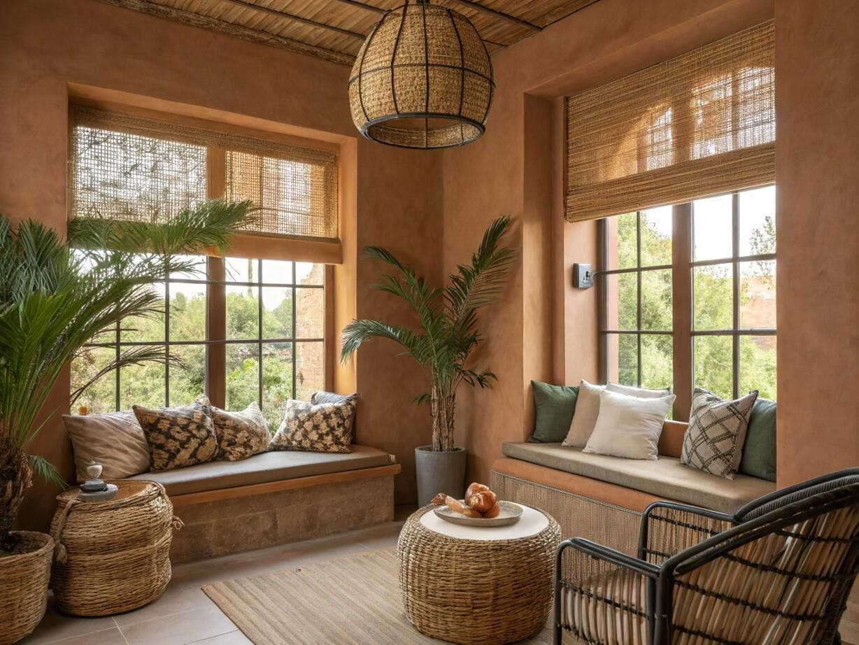 Modern living room with city view and light-filtering roller shades.