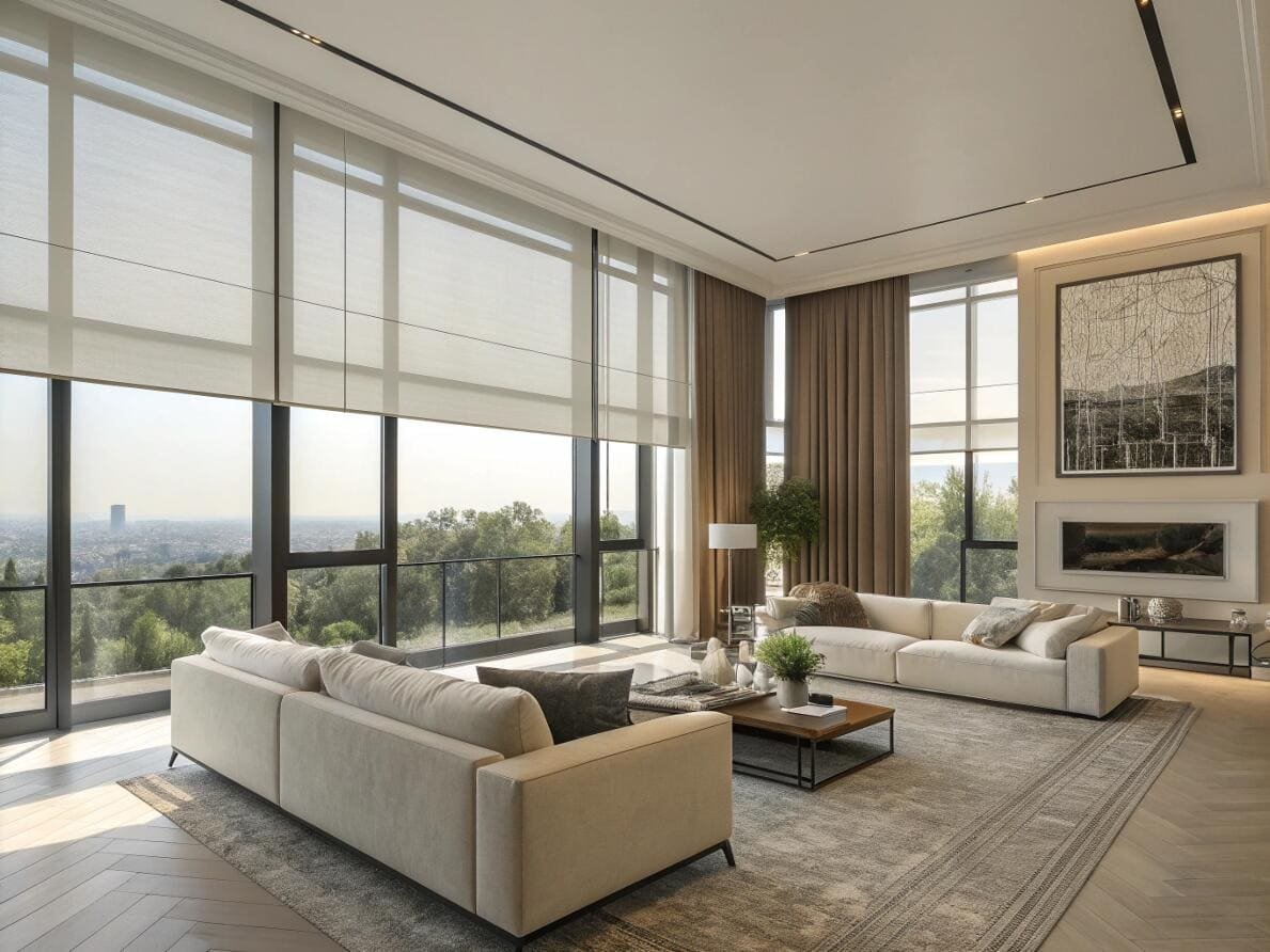 Expansive living room with motorized Roman shades on tall windows with panoramic views.