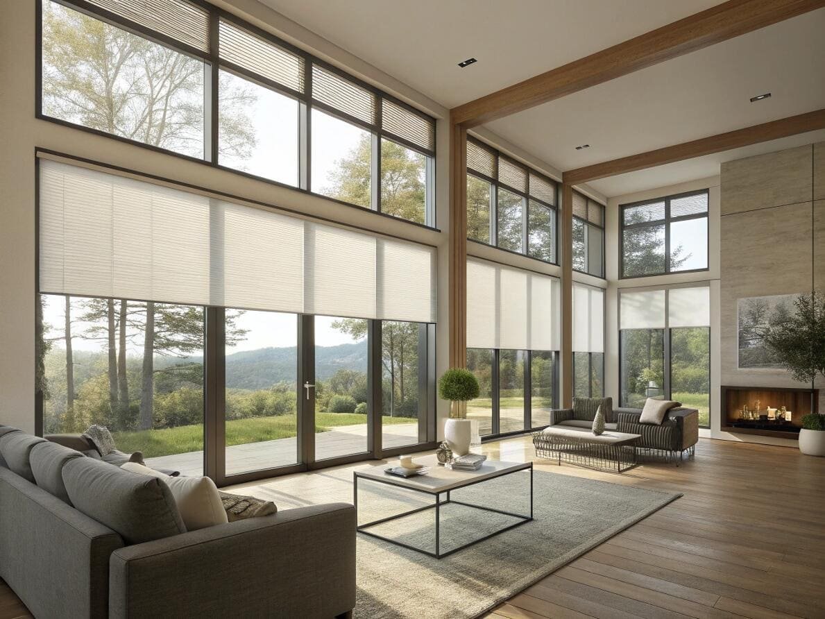 Spacious living room with large automated cellular shades for energy-efficient window coverings.