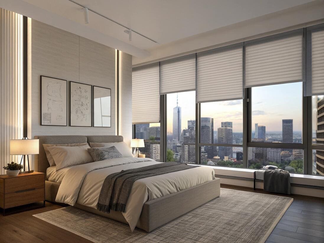 Modern urban bedroom with top-down cellular shades to maximize city views and light.