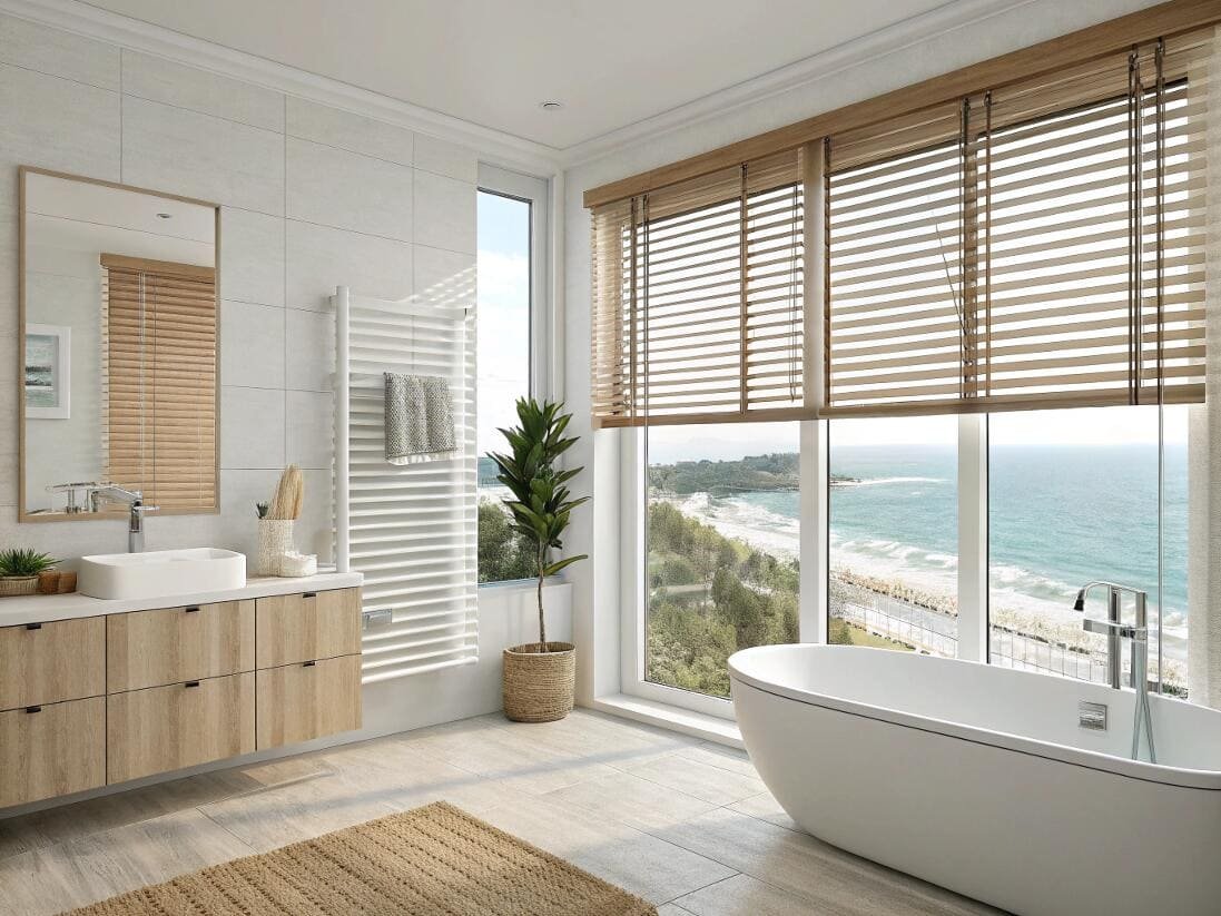 Moisture-resistant faux wood blinds in a bright, modern bathroom with ocean views.