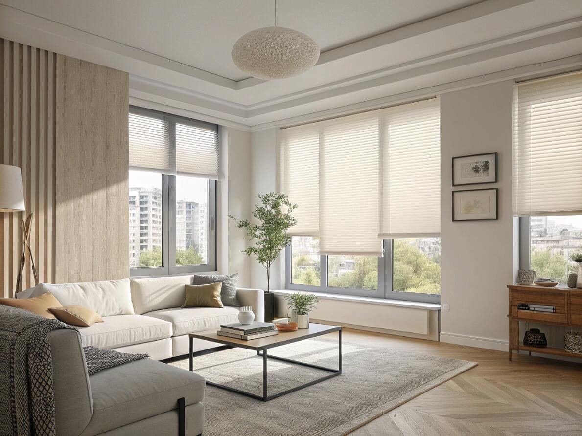 Bright, modern living room with light-filtering cellular shades for a soft, welcoming ambiance.