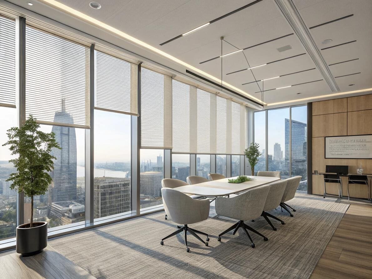 Motorized cellular shades providing light control in a modern office with city views.