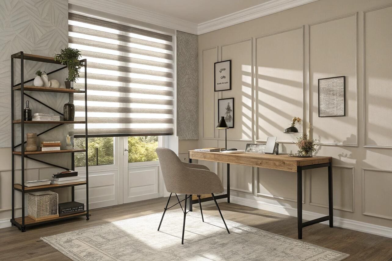 Home office with contemporary desk and stylish striped zebra blinds for light control.