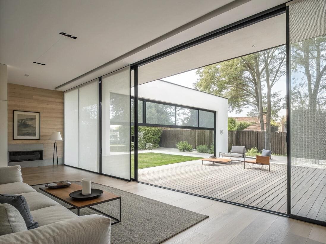 Minimalist living room featuring modern panel track blinds for expansive sliding glass doors.