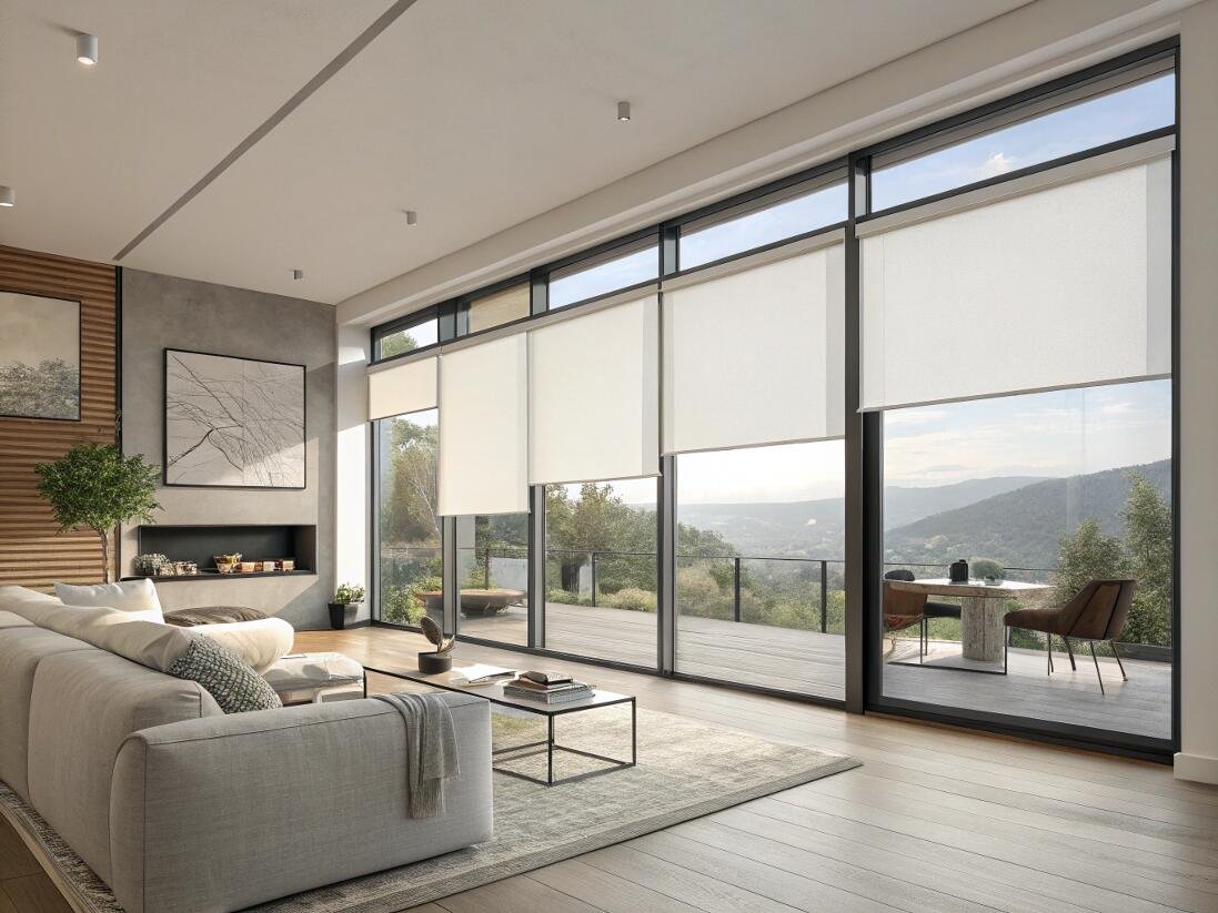 Motorized light-filtering roller shades in a modern living room with scenic views.