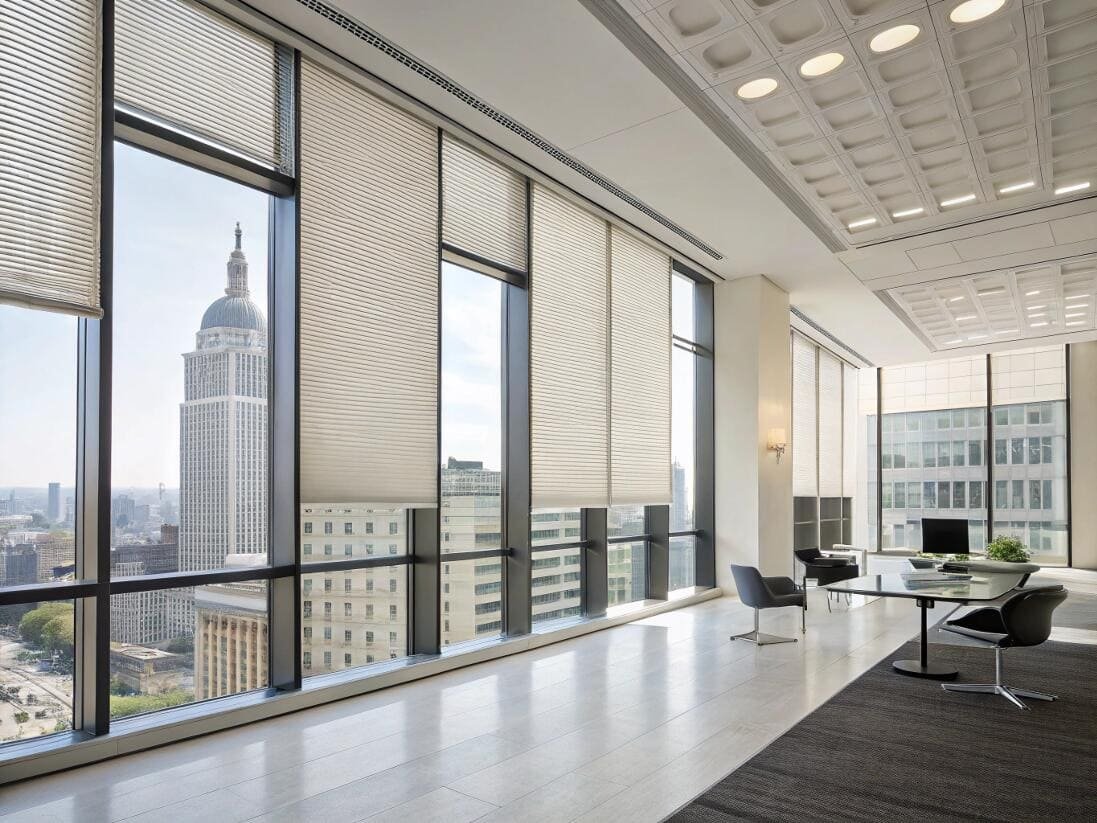 Energy-efficient cellular shades in a commercial high-rise with iconic city views.
