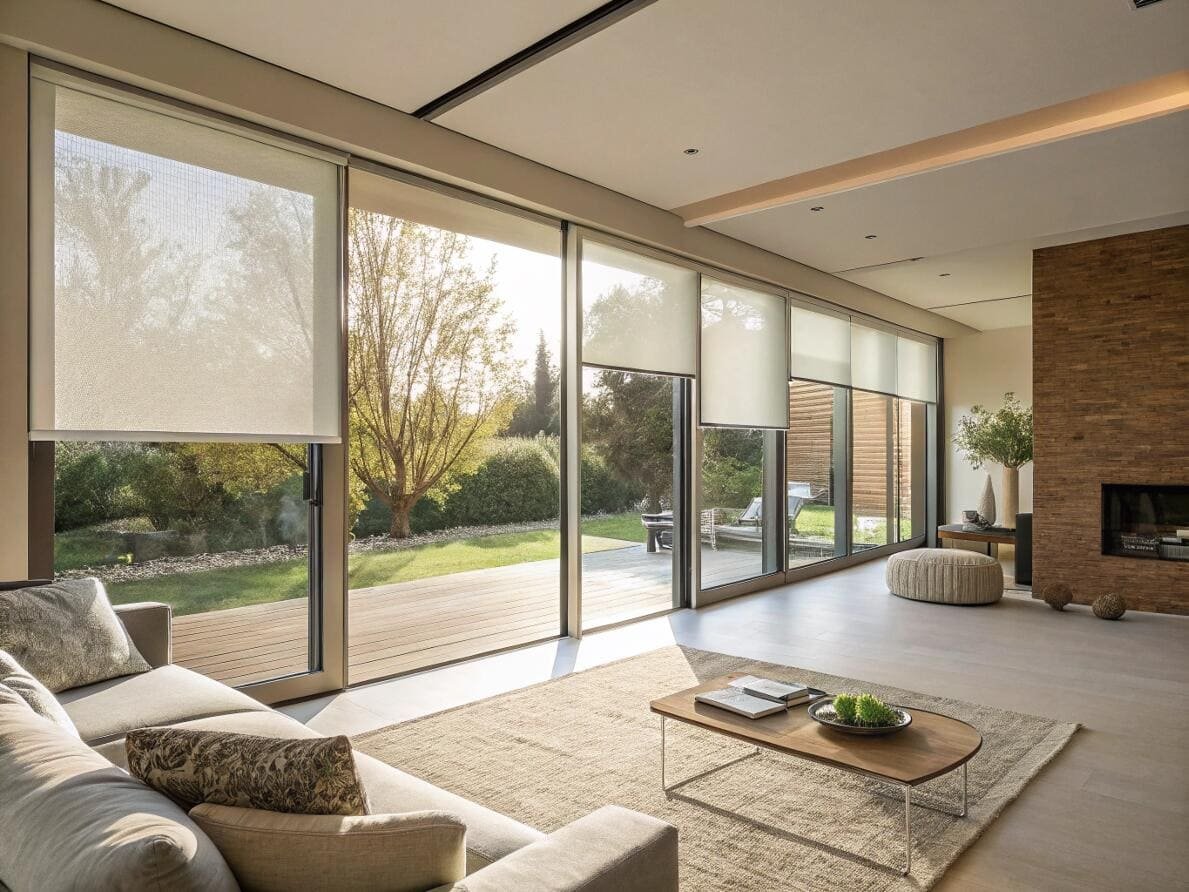 Light-filtering motorized roller shades integrate seamlessly into a modern living room's design.