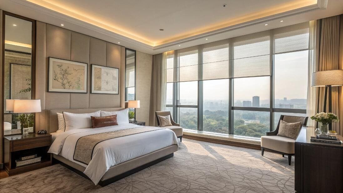 Light-filtering roman shades in a luxurious hotel suite with expansive city views.