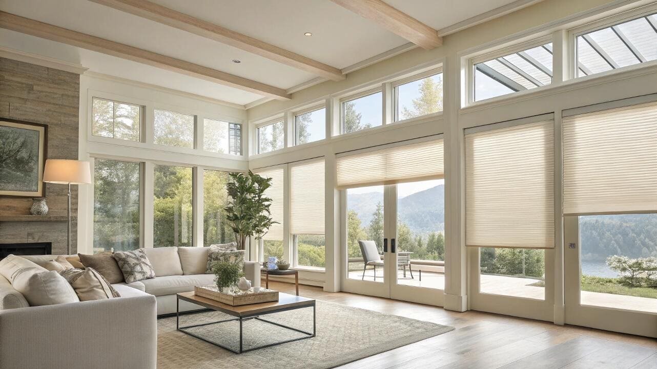 Light-filtering cellular shades in a bright living room with large patio doors.