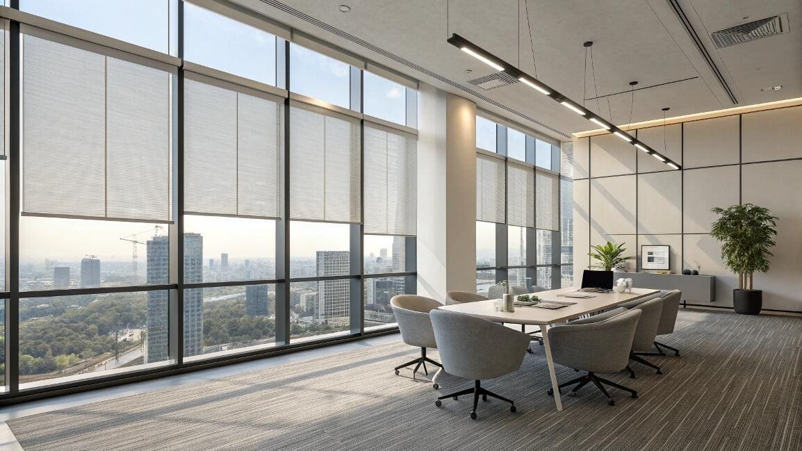 Motorized solar shades in a modern office meeting room with floor-to-ceiling windows.