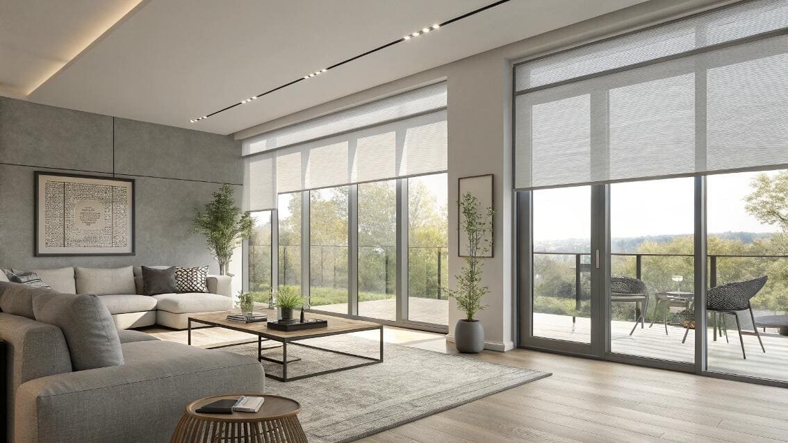 Modern solar shades provide seamless light control for living rooms with patio doors.