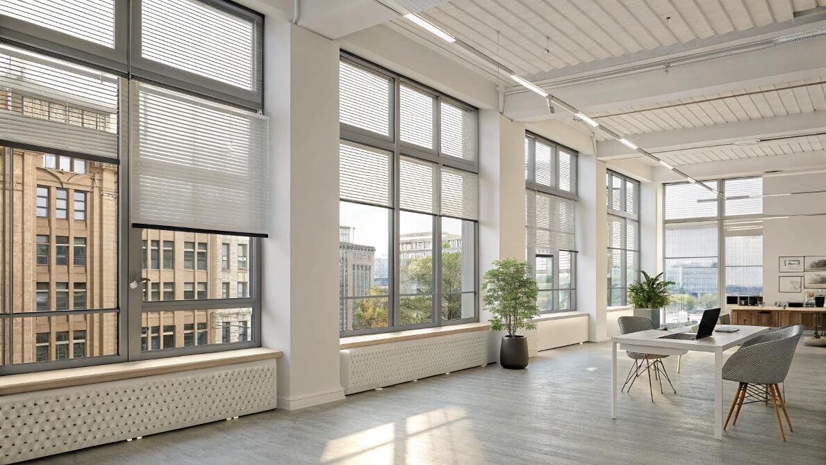 White pleated blinds offer precise light control in a modern industrial office space.