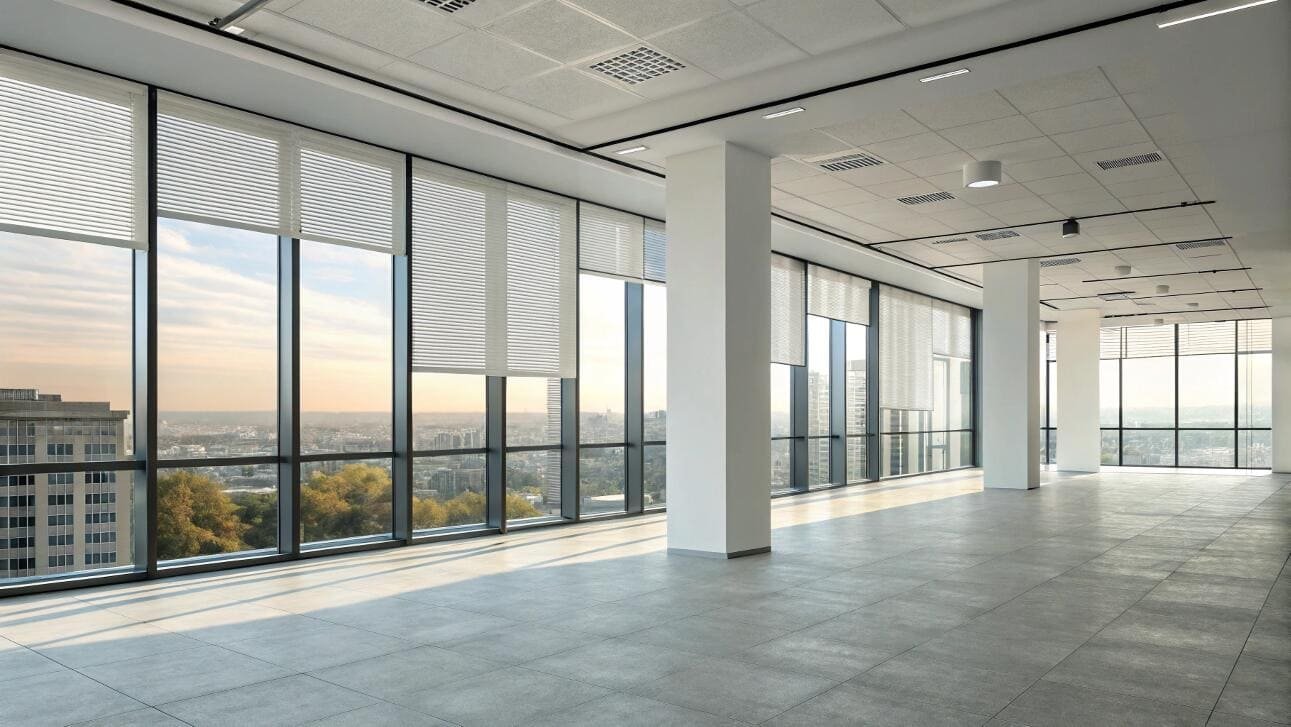 White venetian blinds provide uniform light control in an empty modern office space.
