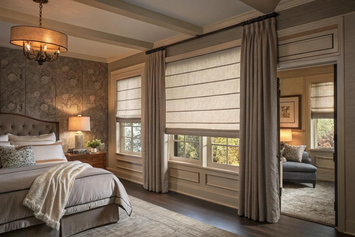 Elegant bedroom with neutral Roman shades and coordinating drapes.