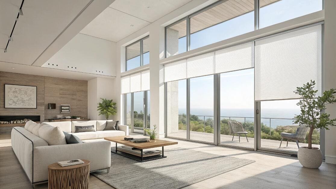White cellular shades cover floor-to-ceiling windows in a modern luxury living room.
