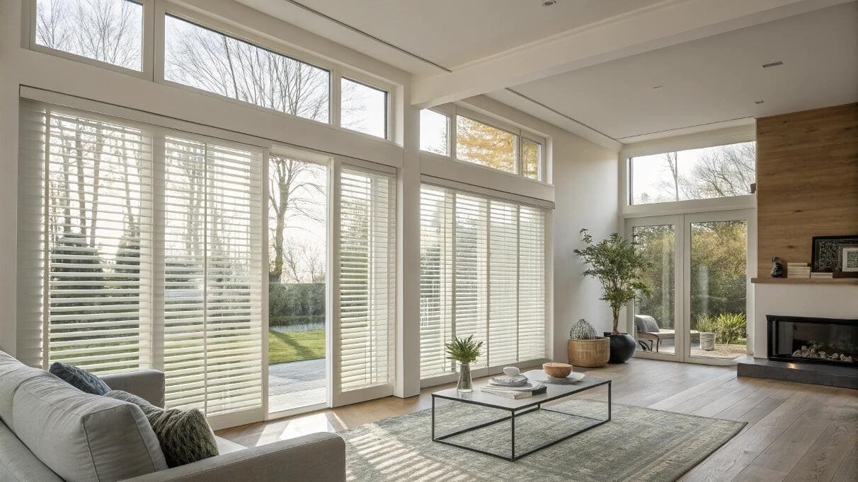 White sheer shades filter light beautifully across large sliding patio doors in a modern home.
