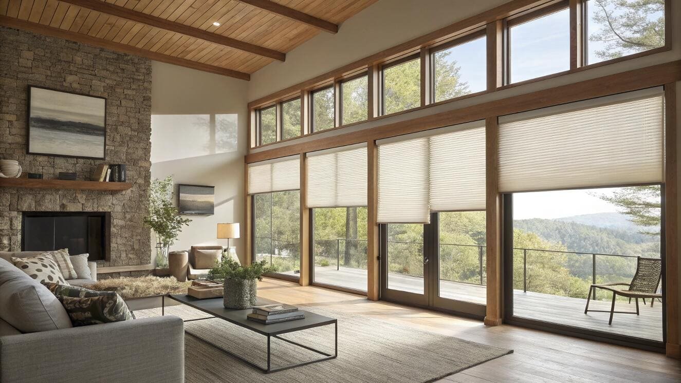 Energy-efficient cellular shades on large windows in a rustic modern living room with a view.