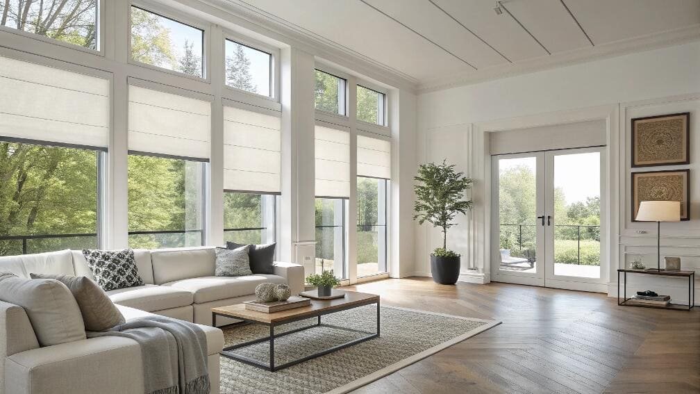 Elegant off-white Roman shades installed on tall windows in a bright, modern living room.